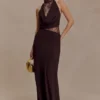 Arra Chiffon And Lace Halter Maxi Dress – Cacao Brown