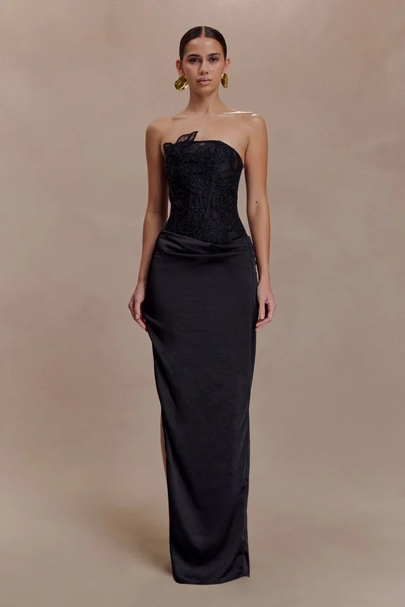 Asha Floral Mesh And Satin Maxi Dress – Black Asha Floral Mesh And Satin Maxi Dress – Black