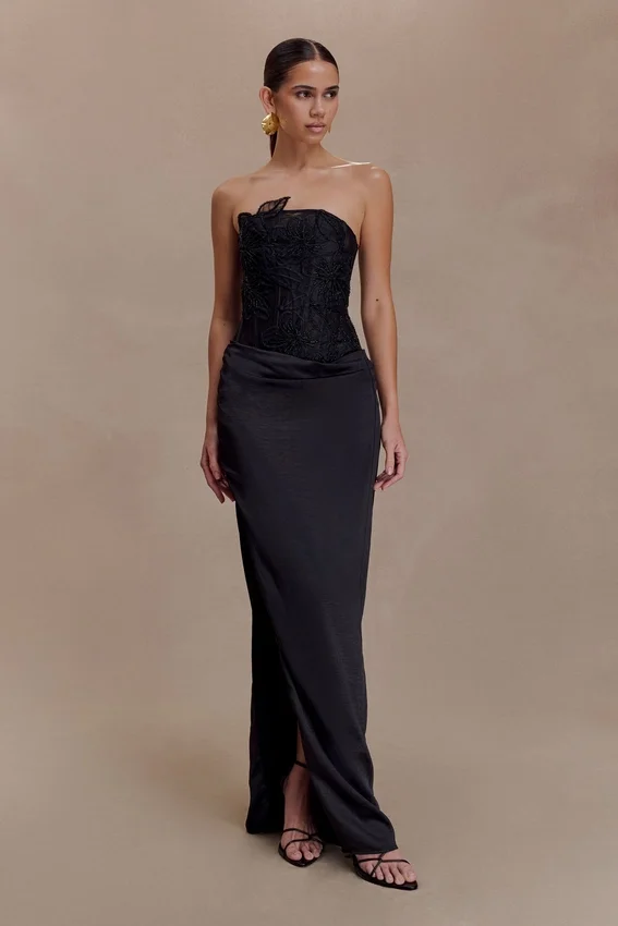 Asha Floral Mesh And Satin Maxi Dress – Black Asha Floral Mesh And Satin Maxi Dress – Black