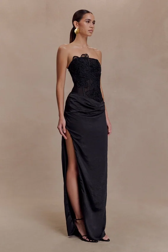 Asha Floral Mesh And Satin Maxi Dress – Black Asha Floral Mesh And Satin Maxi Dress – Black