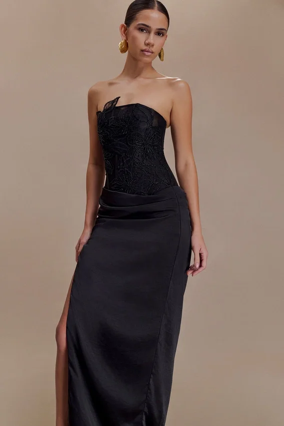 Asha Floral Mesh And Satin Maxi Dress – Black Asha Floral Mesh And Satin Maxi Dress – Black