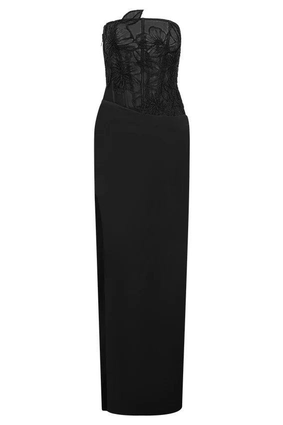Asha Floral Mesh And Satin Maxi Dress – Black Asha Floral Mesh And Satin Maxi Dress – Black