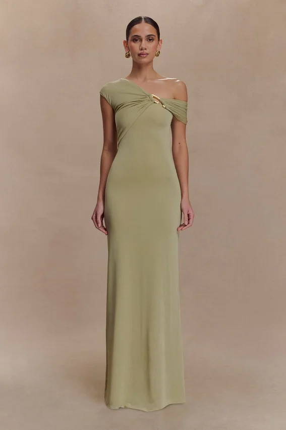 Ashford Asymmetrical Slinky Maxi Dress – Sage Ashford Asymmetrical Slinky Maxi Dress – Sage