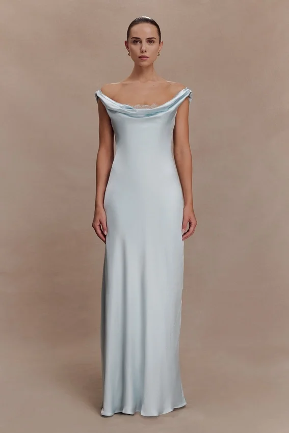 Ashley Cowl Neck Lace And Satin Maxi Dress – Ice Blue Ashley Cowl Neck Lace And Satin Maxi Dress – Ice Blue