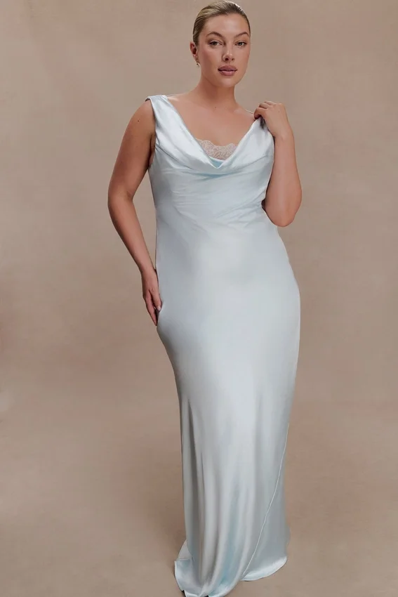 Ashley Cowl Neck Lace And Satin Maxi Dress – Ice Blue Ashley Cowl Neck Lace And Satin Maxi Dress – Ice Blue