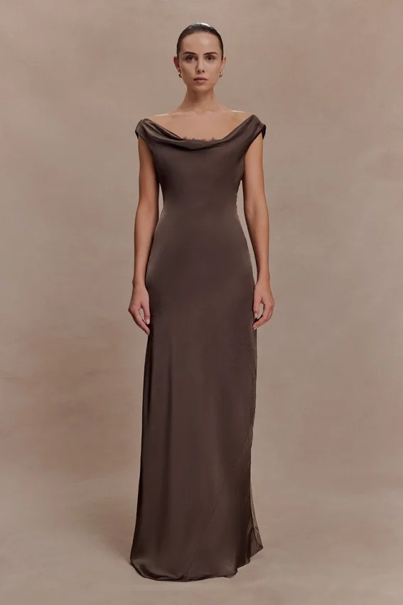 Ashley Cowl Neck Lace And Satin Maxi Dress – Mocha Ashley Cowl Neck Lace And Satin Maxi Dress – Mocha