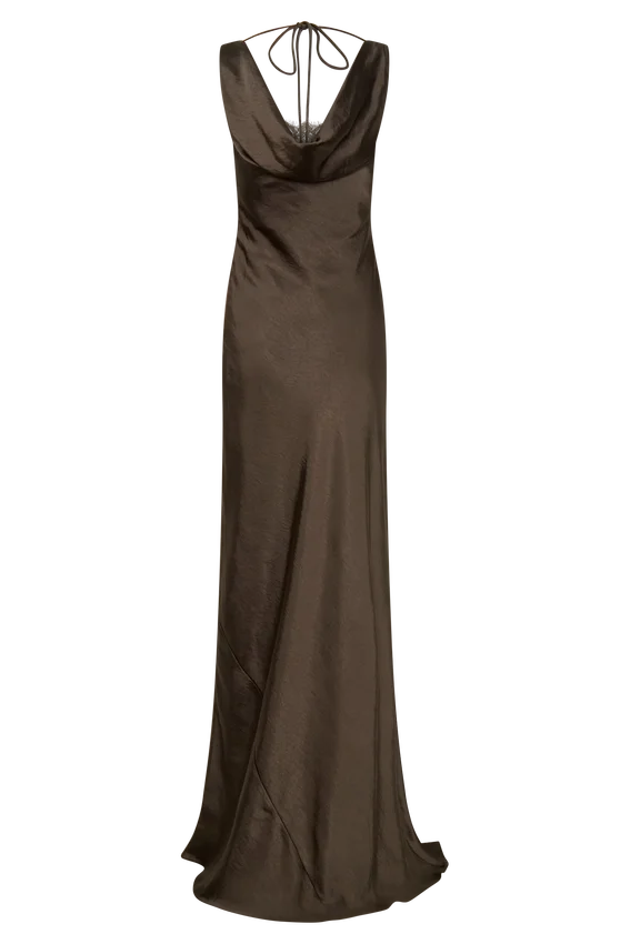 Ashley Cowl Neck Lace And Satin Maxi Dress – Mocha Ashley Cowl Neck Lace And Satin Maxi Dress – Mocha