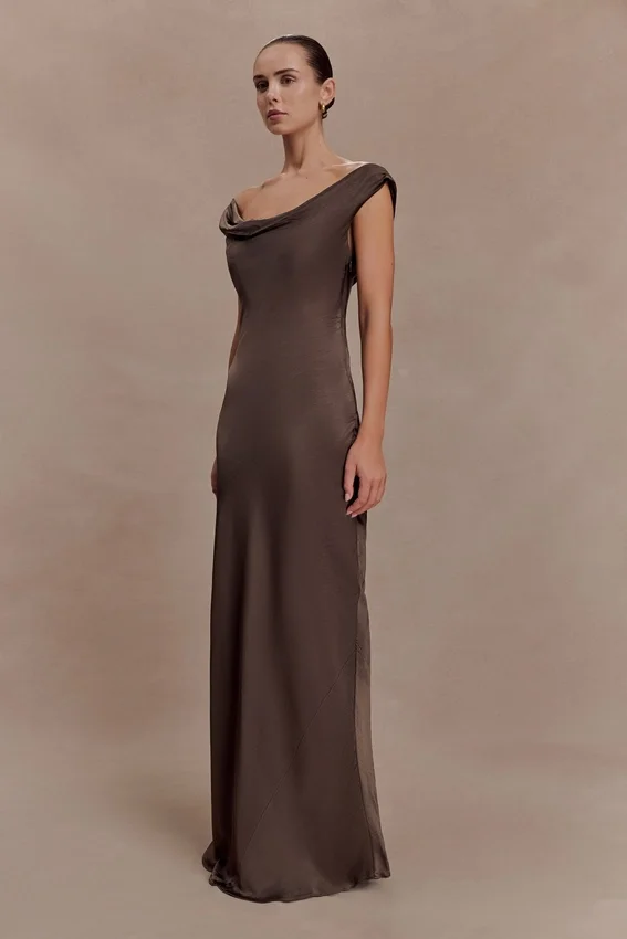 Ashley Cowl Neck Lace And Satin Maxi Dress – Mocha Ashley Cowl Neck Lace And Satin Maxi Dress – Mocha