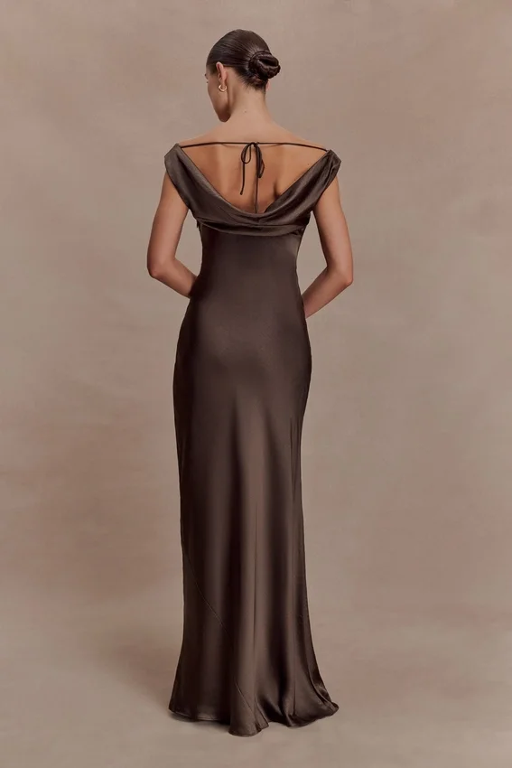 Ashley Cowl Neck Lace And Satin Maxi Dress – Mocha Ashley Cowl Neck Lace And Satin Maxi Dress – Mocha