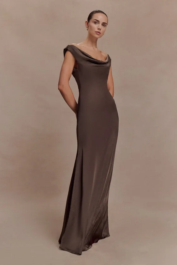 Ashley Cowl Neck Lace And Satin Maxi Dress – Mocha Ashley Cowl Neck Lace And Satin Maxi Dress – Mocha