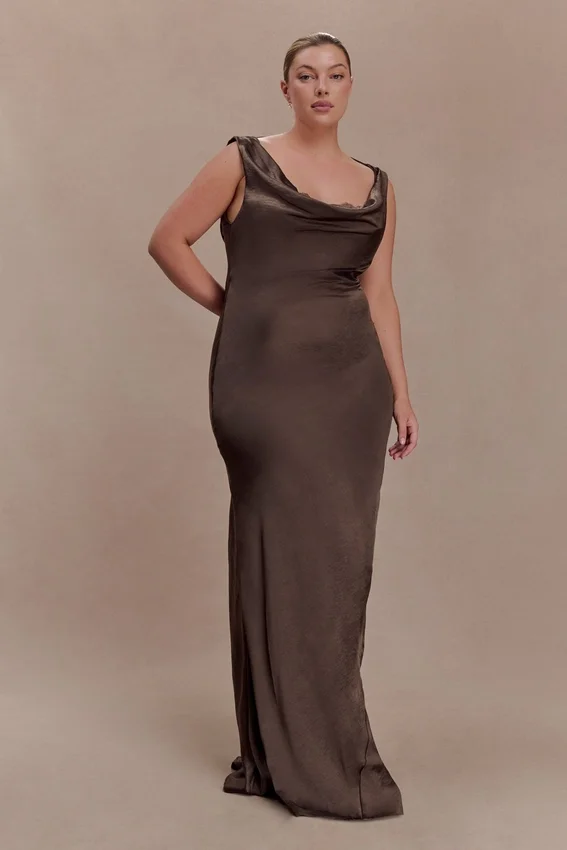 Ashley Cowl Neck Lace And Satin Maxi Dress – Mocha Ashley Cowl Neck Lace And Satin Maxi Dress – Mocha