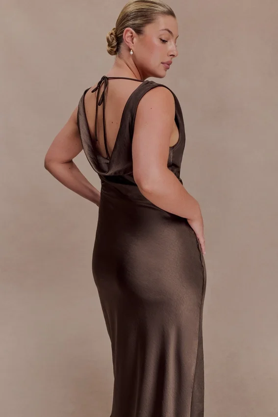 Ashley Cowl Neck Lace And Satin Maxi Dress – Mocha Ashley Cowl Neck Lace And Satin Maxi Dress – Mocha