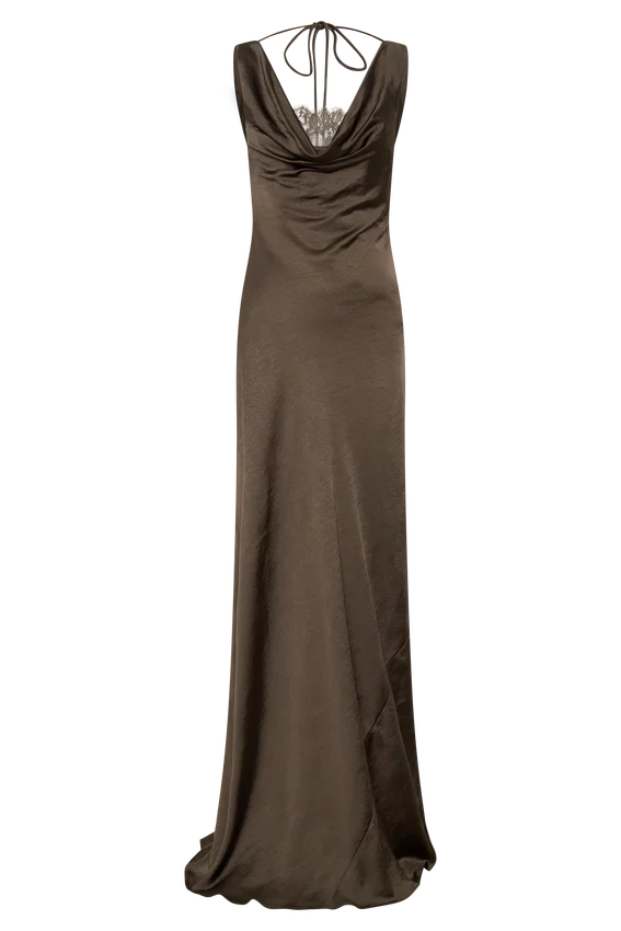 Ashley Cowl Neck Lace And Satin Maxi Dress – Mocha Ashley Cowl Neck Lace And Satin Maxi Dress – Mocha