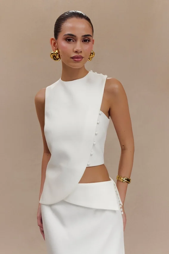 Astrid Asymmetric Sleeveless Suiting Top – White Astrid Asymmetric Sleeveless Suiting Top – White