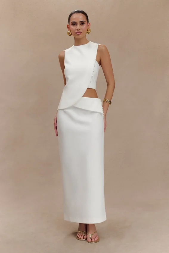 Astrid Asymmetric Sleeveless Suiting Top – White Astrid Asymmetric Sleeveless Suiting Top – White