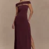 Aurora Slinky And Mesh Split Maxi Dress – Mahogany
