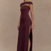Aurora Slinky And Mesh Split Maxi Dress – Mahogany