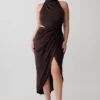 Aveline Draped Halter Midi Dress – Dark Chocolate