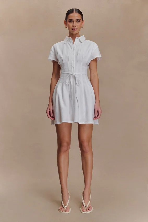 Aysha Buttoned Linen Mini Dress – White Aysha Buttoned Linen Mini Dress – White