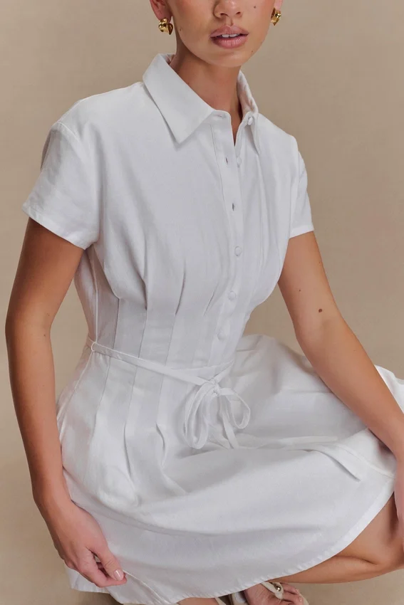 Aysha Buttoned Linen Mini Dress – White Aysha Buttoned Linen Mini Dress – White