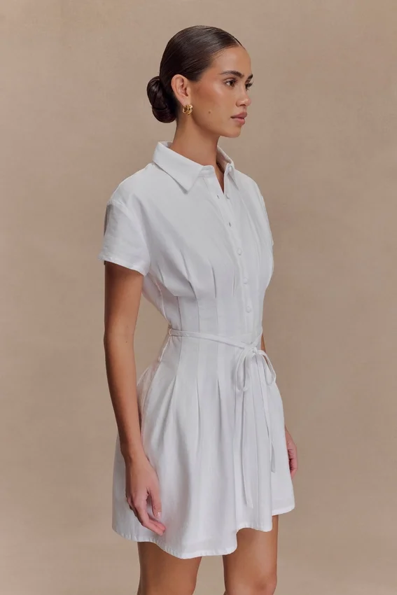 Aysha Buttoned Linen Mini Dress – White Aysha Buttoned Linen Mini Dress – White