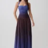 Azizi Pleated Halter Midi Dress – Chocolate & Blue Ombre Print Azizi Pleated Halter Midi Dress – Chocolate & Blue Ombre Print