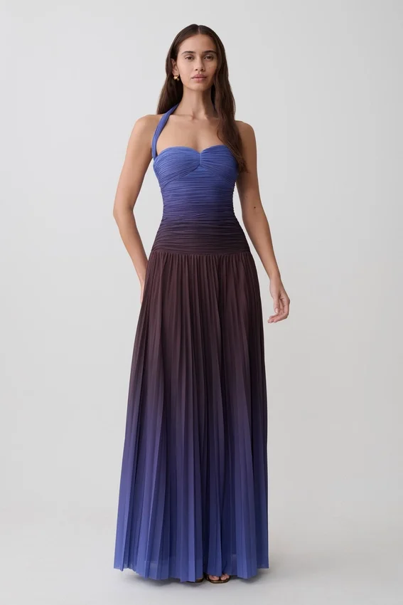 Azizi Pleated Halter Midi Dress – Chocolate & Blue Ombre Print Azizi Pleated Halter Midi Dress – Chocolate & Blue Ombre Print