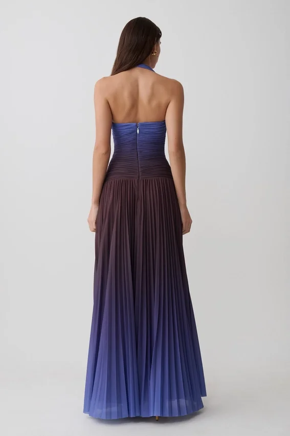 Azizi Pleated Halter Midi Dress – Chocolate & Blue Ombre Print Azizi Pleated Halter Midi Dress – Chocolate & Blue Ombre Print