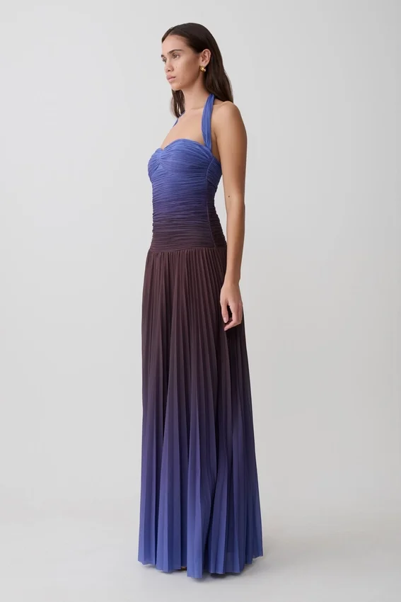 Azizi Pleated Halter Midi Dress – Chocolate & Blue Ombre Print Azizi Pleated Halter Midi Dress – Chocolate & Blue Ombre Print