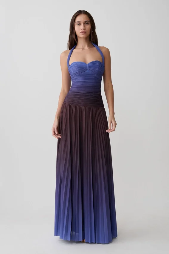 Azizi Pleated Halter Midi Dress – Chocolate & Blue Ombre Print Azizi Pleated Halter Midi Dress – Chocolate & Blue Ombre Print