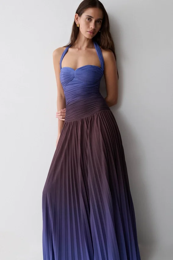 Azizi Pleated Halter Midi Dress – Chocolate & Blue Ombre Print Azizi Pleated Halter Midi Dress – Chocolate & Blue Ombre Print