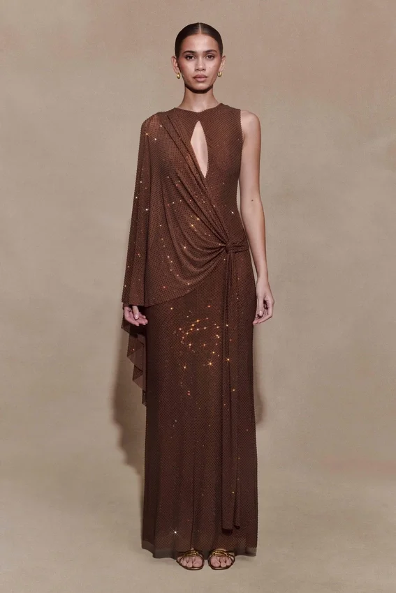 Bakari Diamante Cape Maxi Dress – Chocolate Bakari Diamante Cape Maxi Dress – Chocolate