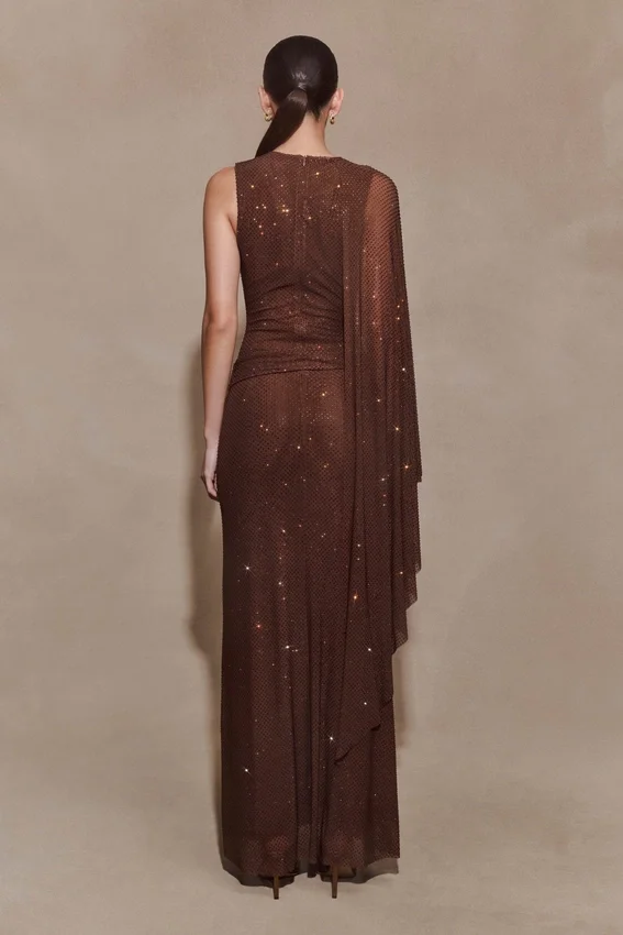 Bakari Diamante Cape Maxi Dress – Chocolate Bakari Diamante Cape Maxi Dress – Chocolate
