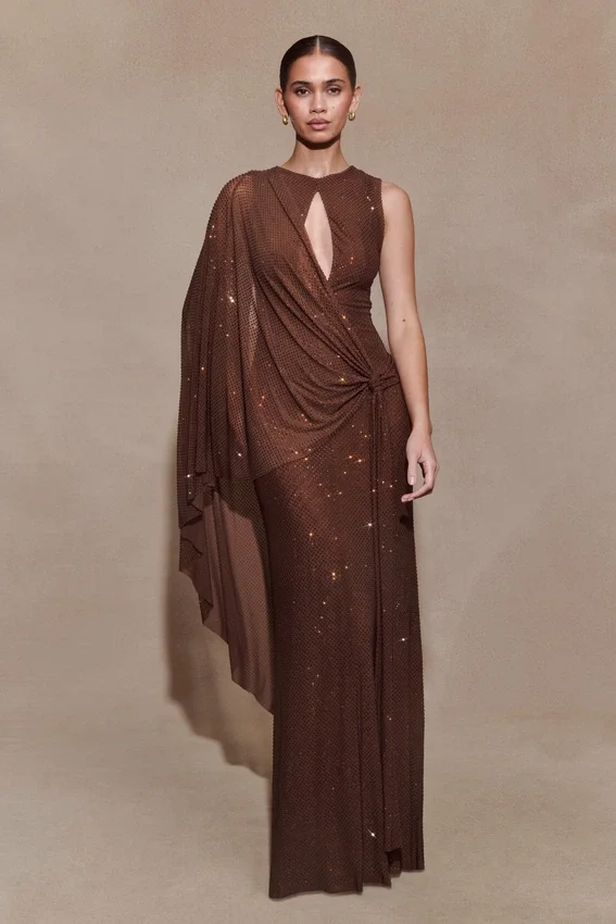 Bakari Diamante Cape Maxi Dress – Chocolate Bakari Diamante Cape Maxi Dress – Chocolate