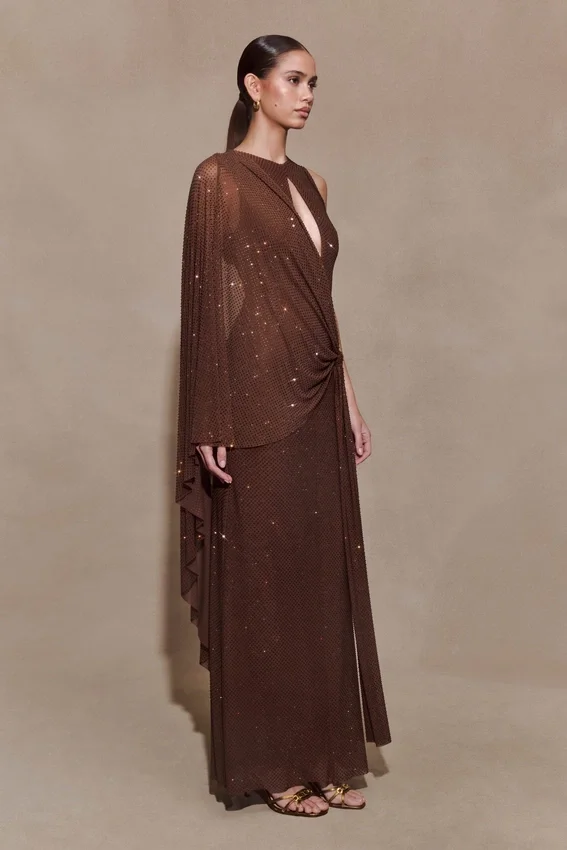 Bakari Diamante Cape Maxi Dress – Chocolate Bakari Diamante Cape Maxi Dress – Chocolate