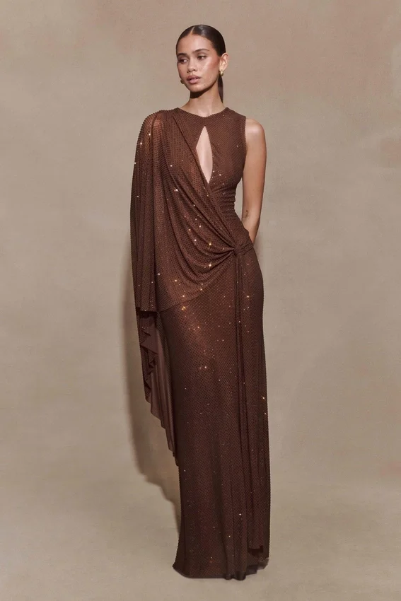 Bakari Diamante Cape Maxi Dress – Chocolate Bakari Diamante Cape Maxi Dress – Chocolate