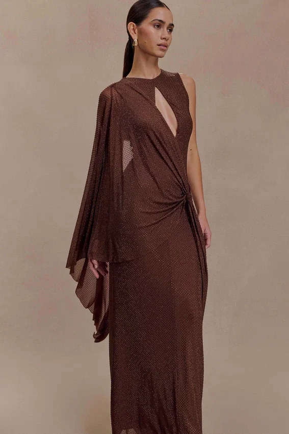 Bakari Diamante Cape Maxi Dress – Chocolate Bakari Diamante Cape Maxi Dress – Chocolate