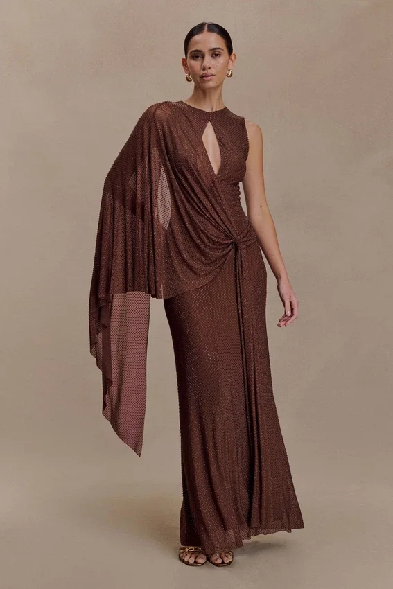 Bakari Diamante Cape Maxi Dress – Chocolate Bakari Diamante Cape Maxi Dress – Chocolate