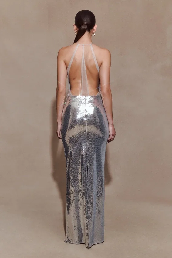 Baldwin Sequin Cut Out Maxi Dress – Silver Baldwin Sequin Cut Out Maxi Dress – Silver