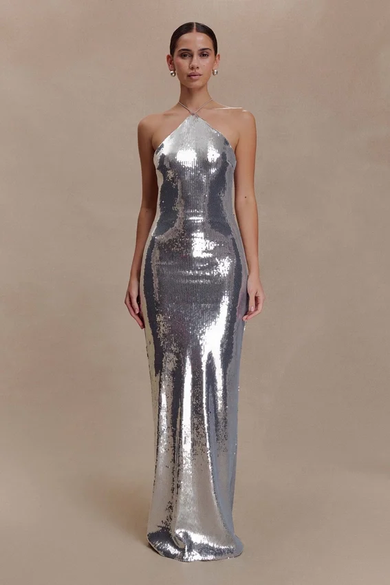 Baldwin Sequin Cut Out Maxi Dress – Silver Baldwin Sequin Cut Out Maxi Dress – Silver
