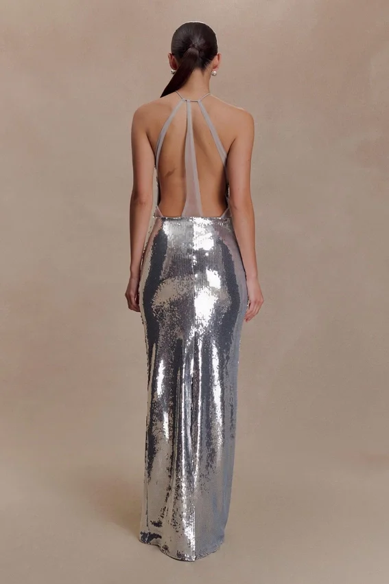Baldwin Sequin Cut Out Maxi Dress – Silver Baldwin Sequin Cut Out Maxi Dress – Silver