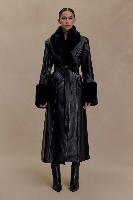 Bec Faux Leather Trench Coat With Faux Fur – Black Bec Faux Leather Trench Coat With Faux Fur – Black