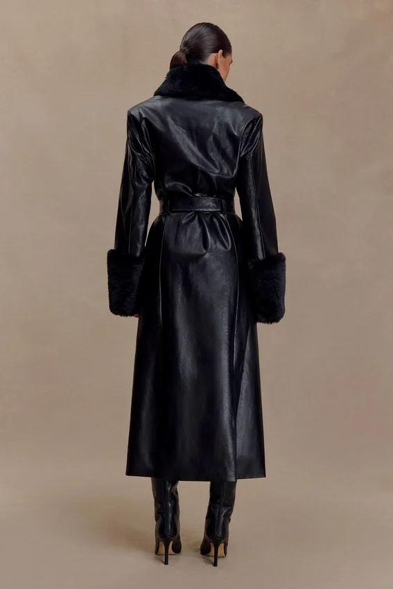 Bec Faux Leather Trench Coat With Faux Fur – Black Bec Faux Leather Trench Coat With Faux Fur – Black