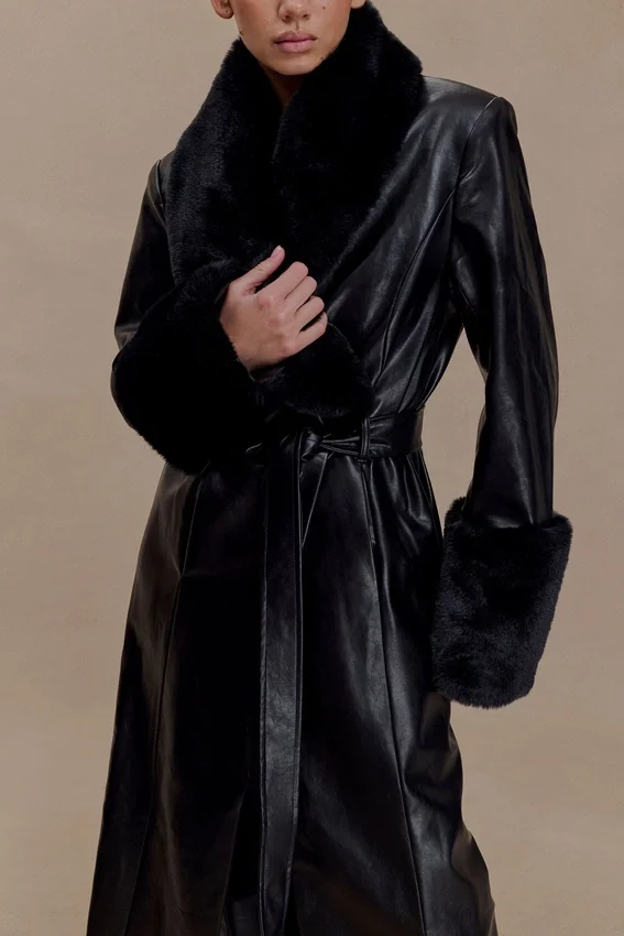 Bec Faux Leather Trench Coat With Faux Fur – Black Bec Faux Leather Trench Coat With Faux Fur – Black