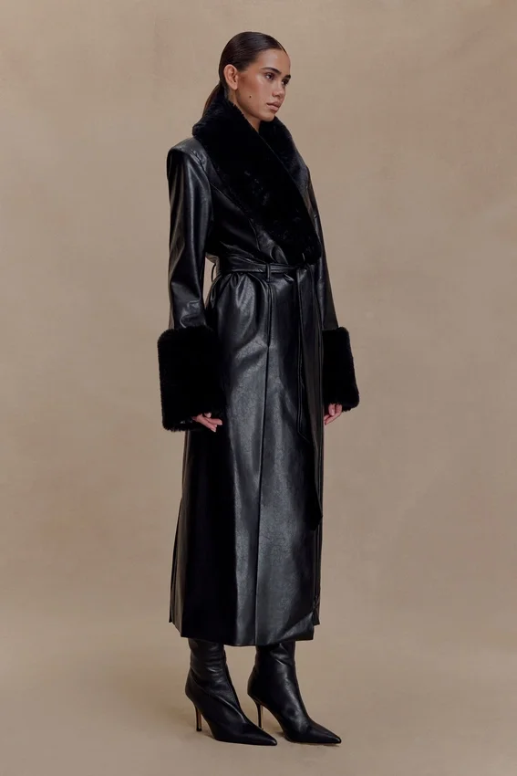 Bec Faux Leather Trench Coat With Faux Fur – Black Bec Faux Leather Trench Coat With Faux Fur – Black