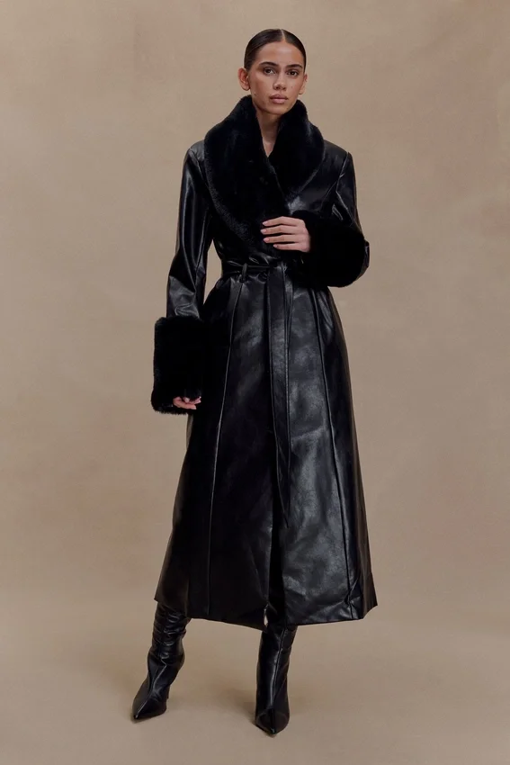 Bec Faux Leather Trench Coat With Faux Fur – Black Bec Faux Leather Trench Coat With Faux Fur – Black
