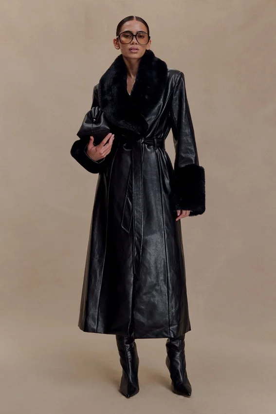 Bec Faux Leather Trench Coat With Faux Fur – Black Bec Faux Leather Trench Coat With Faux Fur – Black