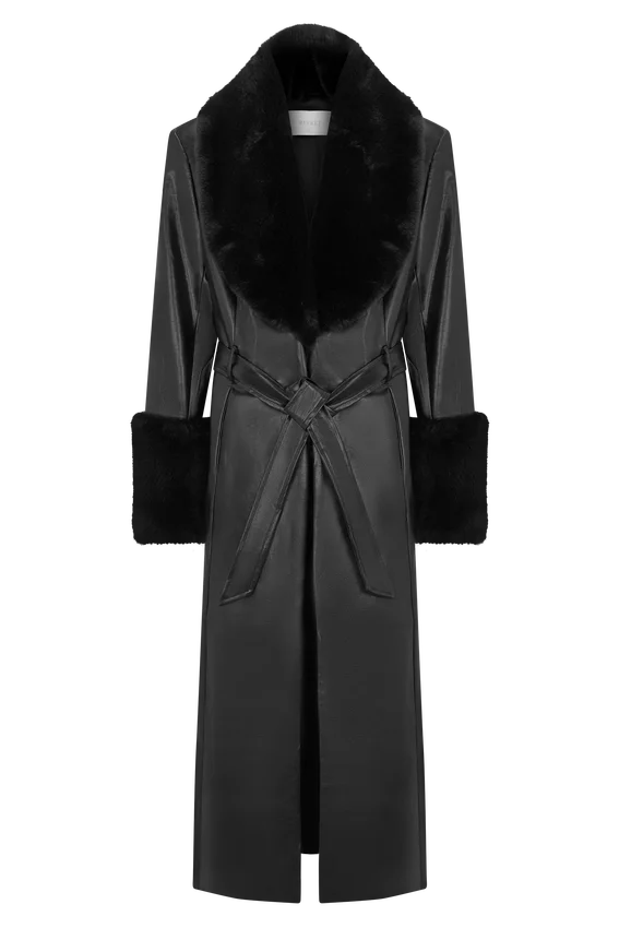 Bec Faux Leather Trench Coat With Faux Fur – Black Bec Faux Leather Trench Coat With Faux Fur – Black