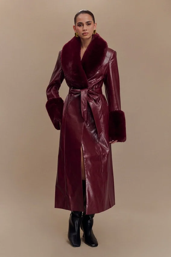Bec Faux Leather Trench Coat With Faux Fur – Cherry Red Bec Faux Leather Trench Coat With Faux Fur – Cherry Red