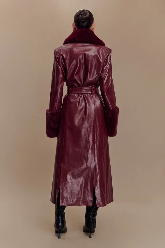 Bec Faux Leather Trench Coat With Faux Fur – Cherry Red Bec Faux Leather Trench Coat With Faux Fur – Cherry Red